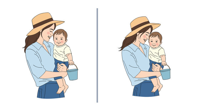 Loving mother holding her toddler child wearing a straw hat and carrying a toy bucket in a dual comparison.
