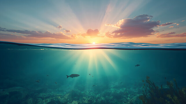 Radiant Sunbeams Penetrating Ocean Surface in Split-Level Seascape