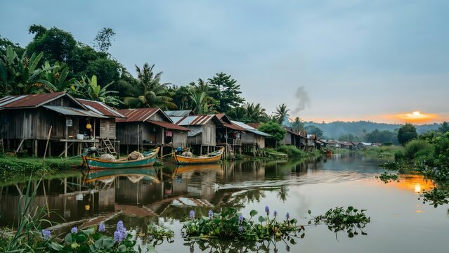 Floating houses on river with traditional boats at sunset southeast asia