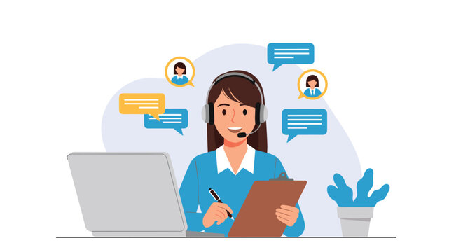Friendly customer support agent with a headset works at her desk with a laptop and records notes on a clipboard.