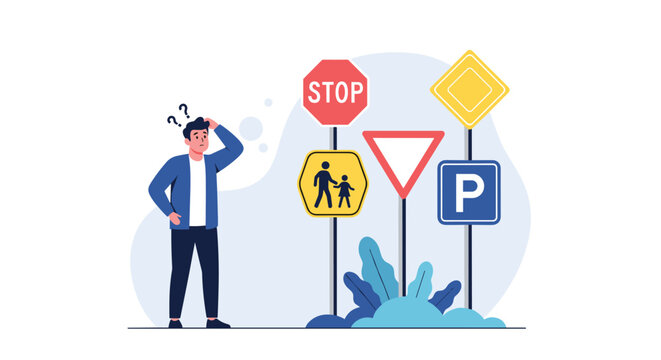 Confused man scratches his head while standing in front of various traffic and road signs wondering what to do.