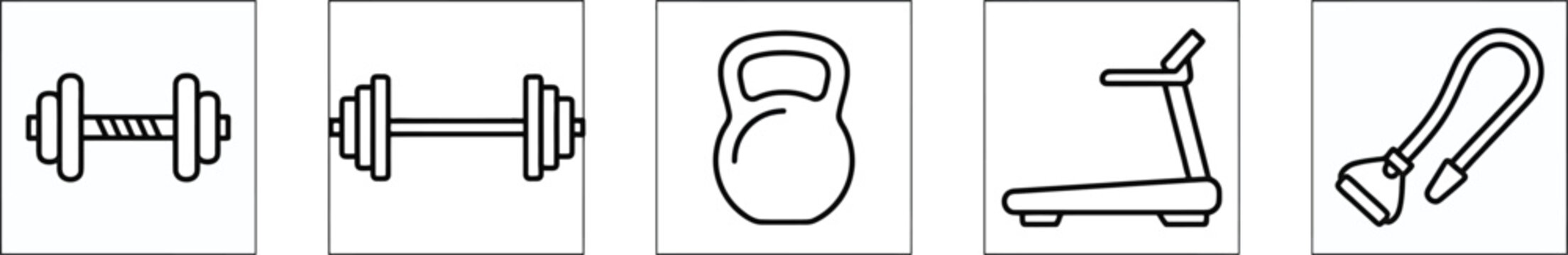 Fitness equipment icons including dumbbells kettlebell treadmill and jump rope for exercise routine