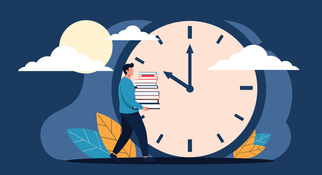 Tired student carrying a heavy stack of books in front of a giant wall clock, symbolizing exam preparation stress.