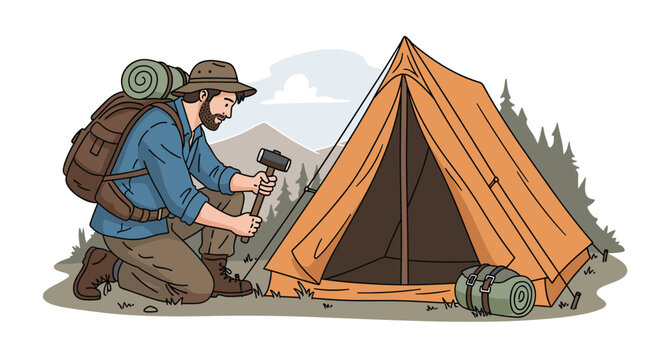 Experienced outdoor adventurer setting up an orange camping tent with a hammer at a mountain forest campsite.