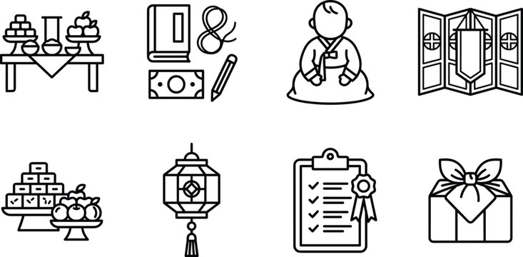 Korean First Birthday Doljanchi Icon Set Featuring Hanbok Baby Table Food Lantern Folding Screen And Bojagi Vectors