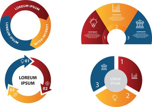 Set of infographic templates with 3 steps, options. Arrows, circle cycle diagram,  semi circle chart