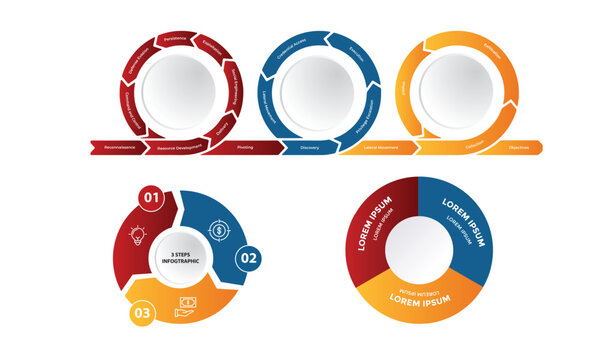 Set of infographic templates with 3 steps, options. Arrows, circle cycle diagram,  semi circle chart