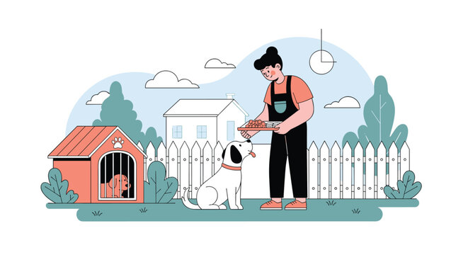 Young woman feeding a dog in the backyard next to a doghouse with another puppy inside near a white fence.
