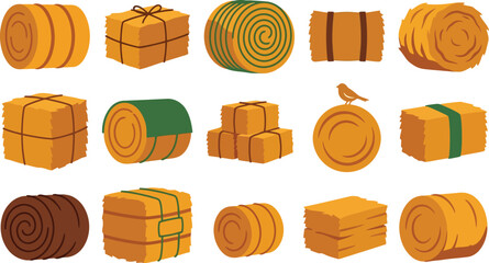 Set of hay bales and straw stacks for farm agriculture collection in flat vector illustration © azad
