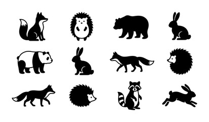 Forest Animals Vector Icons Set: Cute Fox, Bear, Rabbit, Hedgehog, Panda, Raccoon Silhouettes © Sozib