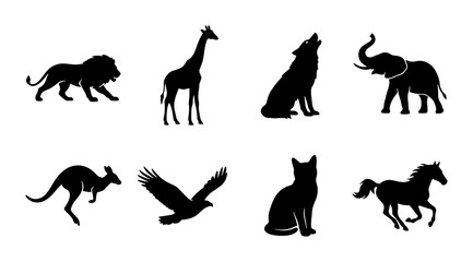 Obraz premium Diverse Animal Silhouettes Collection: Lion, Giraffe, Wolf, Elephant, Kangaroo, Eagle, Cat, Horse