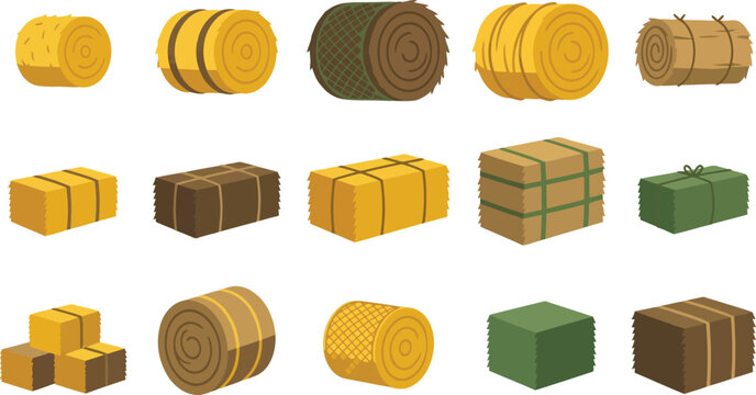 Set of round and square hay bales in various colors for farm and agriculture design elements