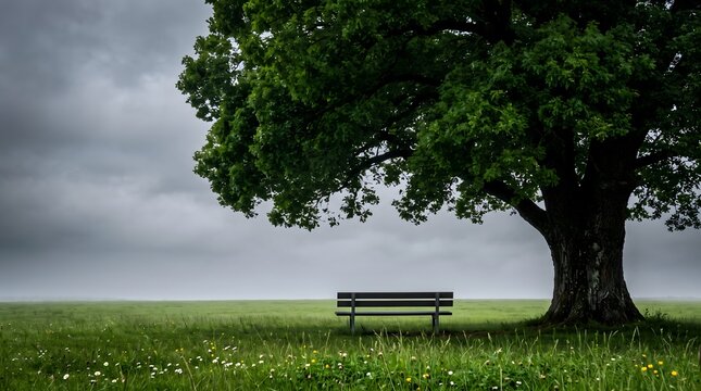 Serene solitary park scene featuring a large green tree with lush foliage and an empty bench beneath on a cloudy day with depicts tranquil