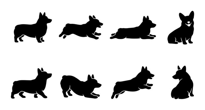 Corgi Dog Silhouette Collection, Eight Poses, Black Vector Art for Pet Lovers