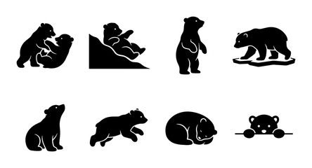 Cute Bear Silhouettes Vector Icons Set, Playful Cub Graphics, Wildlife Animal Graphics, Adorable Forest Creature Illustrations © Sozib