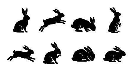 Fototapeta premium Rabbit Silhouettes, Bunny Poses Vector Set, Cute Hare Icons, Animal Graphics