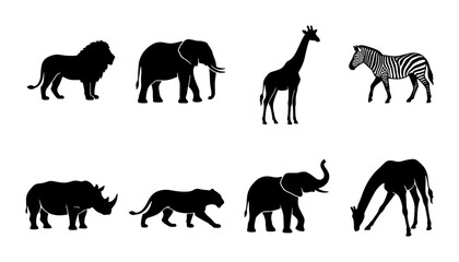 African Wildlife Silhouettes: Lion, Elephant, Giraffe, Zebra, Rhino, Leopard, Vector Set © Sozib