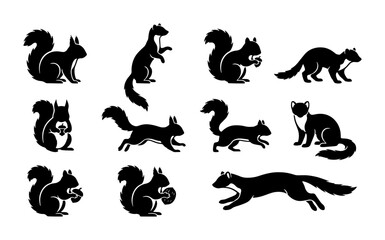 Obraz premium Squirrel and Weasel Silhouettes, Woodland Creatures Vector Icons, Forest Animal Set
