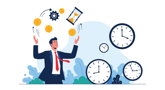 Multitasking businessman juggling gold coins and hourglass next to giant clocks representing effective time management.