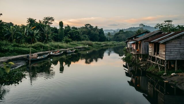 Riverside stilt houses and traditional boats in southeast asian waterway at dusk