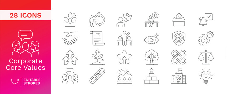 Corporate Core Values Icon Set featuring 28 Minimalist Line Icons for Business Ethics, Teamwork, Integrity, Growth, and Company Culture Strategy