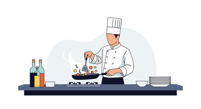 Professional chef in white uniform and hat skillfully tossing fresh ingredients in a frying pan on gas stove.
