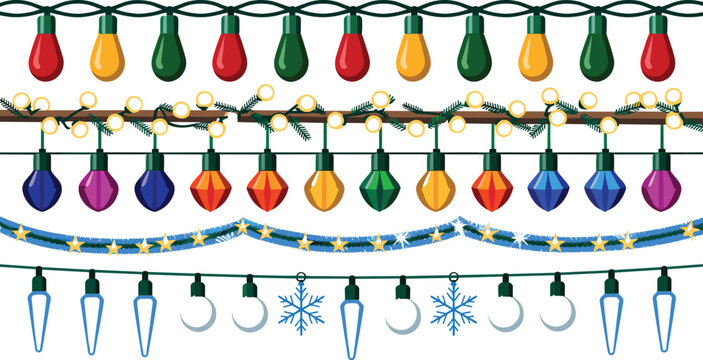 Christmas String Lights Border Vector Set with Colorful Glowing Bulbs, Fairy Garland, Snowflake Icicles, and Festive Illumination Elements for Holiday Designs