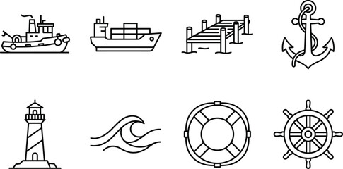 Nautical Maritime Icon Set Featuring Cargo Ship Tugboat Pier Anchor Lighthouse Ocean Wave Lifebuoy and Steering Wheel Vectors © MdShakib