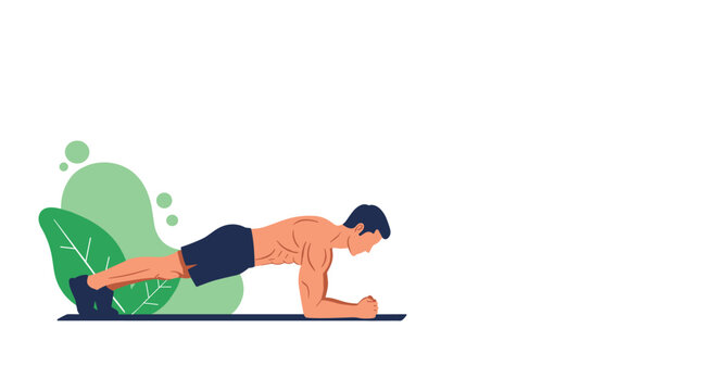Athletic young man in sports shorts doing forearm plank exercise on mat isolated on white background.