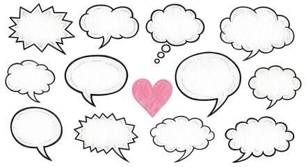 Fototapeta premium Collection of hand drawn comic speech bubbles and spiky thought clouds with pink pencil heart on transparent background concept of romantic communication and expression
