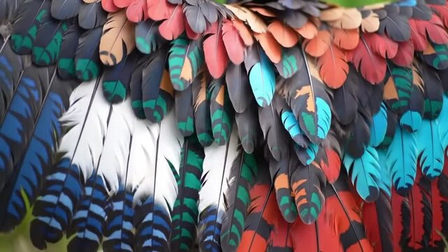 Vibrant layered multicolored paper feathers forming bird wing.