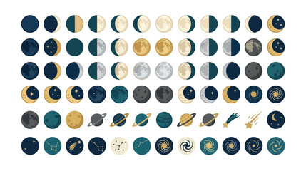Celestial vector icon set, moon phases and planetary illustrations. Astronomical elements for space-themed designs, educational graphics, and science projects. © Abida