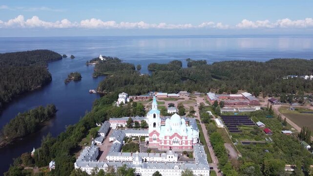 Aerial Drone Flight Over Valaam Monastery on Valaam Island, Karelia, Russia, Orthodox Cathedral and Lake Ladoga, 4K