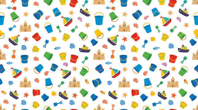 Colorful beach toys and objects pattern.