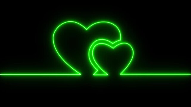 Neon line Two love hearts. Valentine's Day indicate. Love One line drawing concept. love card neon glowing icon. Bright glowing neon valentines love heart. motion graphic of neon love heart concept.