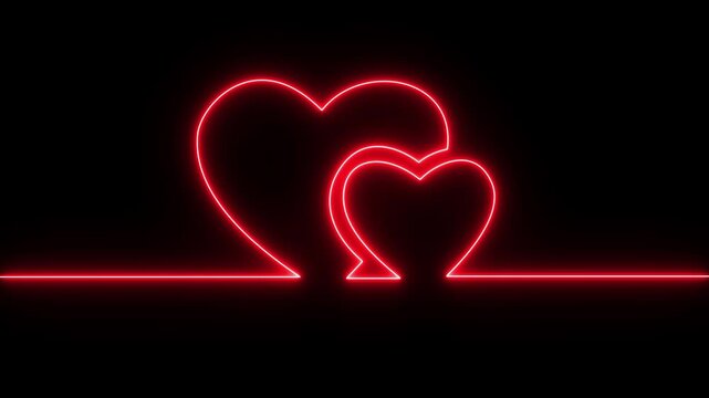 Neon line Two love hearts. Valentine's Day indicate. Love One line drawing concept. love card neon glowing icon. Bright glowing neon valentines love heart. motion graphic of neon love heart concept.