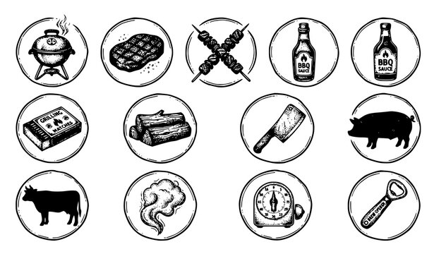 Vintage hand drawn barbecue icons set with grilled food meat and cooking utensils for rustic restaurant menu