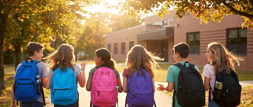 Six diverse elementary school children with colorful backpacks walking away from camera towards school building on sunny day.