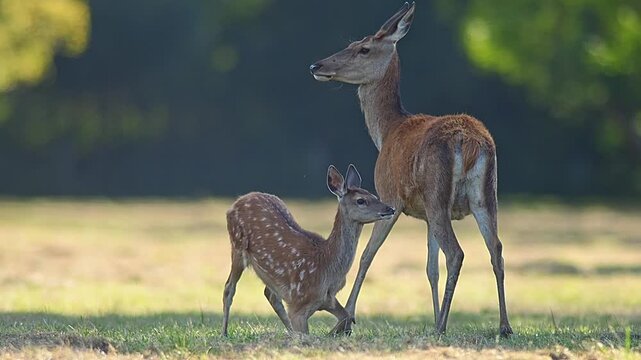 Red Deer Leading Young Through Traditional Orchard Meadow on a Sunny Summer Morning | 4K