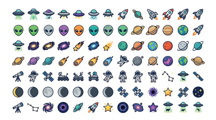 Cosmic Space Adventure Icon Set, a vibrant collection of 40 flat vector icons featuring aliens, planets, rockets, and UFOs, perfect for sci-fi games and educational content. © Abida