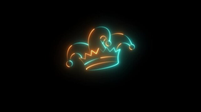 Glowing neon Glowing Neon Jester joker Hat Icon Animation,Neon Clown Hat with Bells, Glowing neon line Joker playing card. motion graphic of joker hat concept.