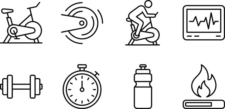 Stationary Cycling Fitness Icon Set Featuring Exercise Bikes Dumbbell Stopwatch Heart Monitor and Calories Burn Vectors
