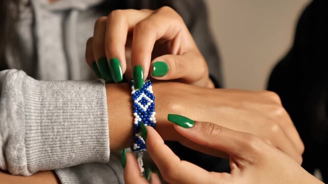 Woman wearing blue woven pattern friendship bracelet.