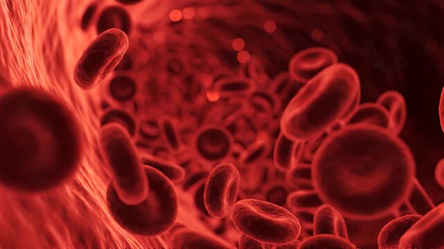 Cinematic close-up of red blood cells flowing smoothly through a blood vessel, warm crimson tones with soft bioluminescent glow, seamless loop motion, medical science visualization concept