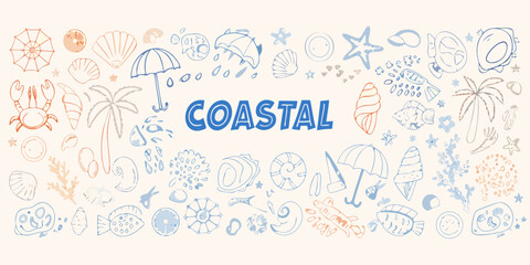 Coastal themed vector illustration featuring shells crabs and beach elements © Laki