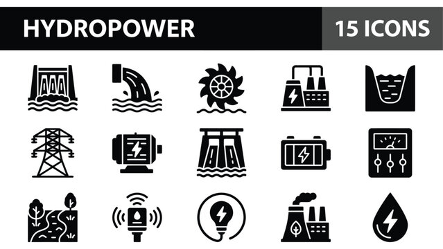 Hydropower icons, water energy symbols, 15 black vector graphics, renewable power illustrations, electricity signs