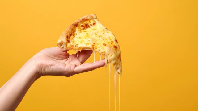 A delicious slice of cheesy pizza with melted cheese dripping, held by a hand on a vibrant yellow background, creating an appetizing and casual mood.