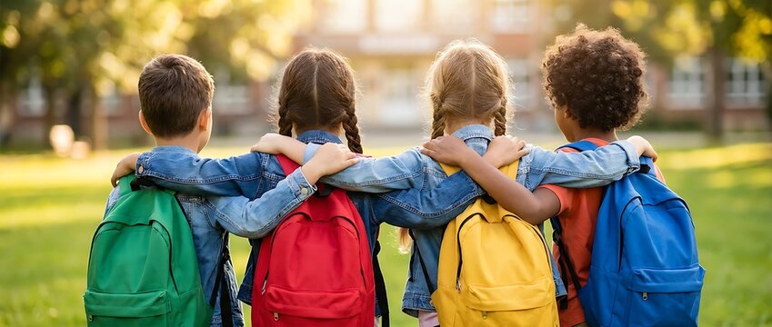 Four diverse young friends with backpacks walk together arm in arm outdoors on sunny day, embracing friendship and back to school excitement.