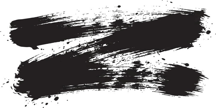 Black ink brush strokes with splatters in a dynamic abstract pattern for background design