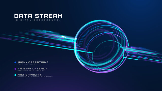 Abstract Cyber Data Stream Background, Modern Technology Concept With Digital Network. Fast Speed Glow Neon Particle Line Graphic Design And Bright Light Advance Future System. Vector illustration.